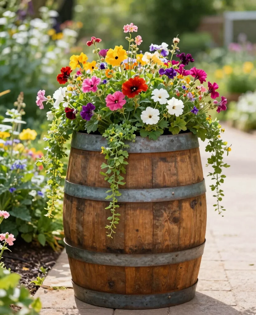 17 Unique Plant Display Ideas That Stand Out From the Rest 17. Rustic Barrel Planters 0