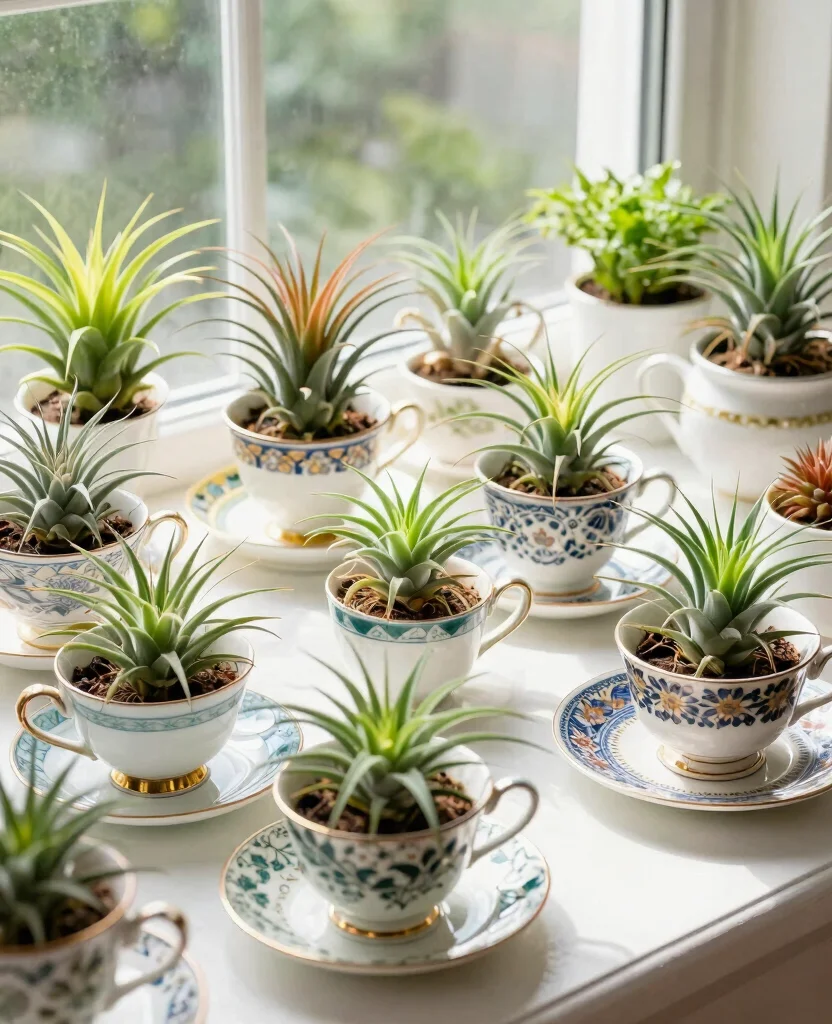 18 Air Plant Display Ideas to Elevate Your Home Decor 16. Air Plant in Teacups 0