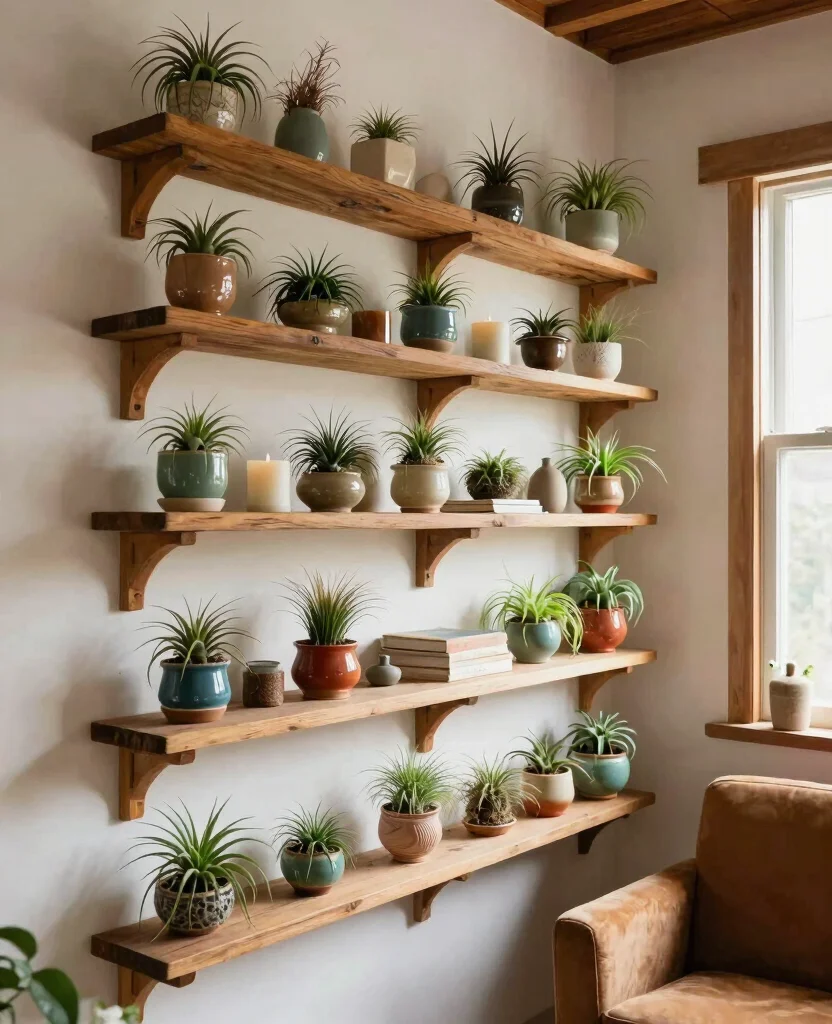 18 Hanging Air Plant Display Ideas for a Vertical Garden 2. Wall Mounted Wooden Shelves 0