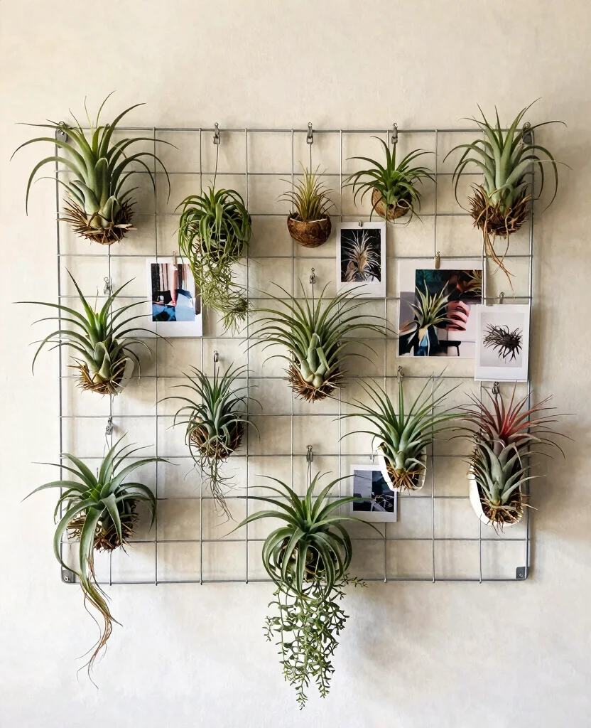 18 Hanging Air Plant Display Ideas for a Vertical Garden 6. Wire Grid Displays 0
