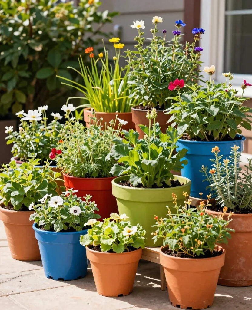 18 Outdoor Plant Display Ideas for Your Porch or Patio 15. Colorful Pot Displays 0