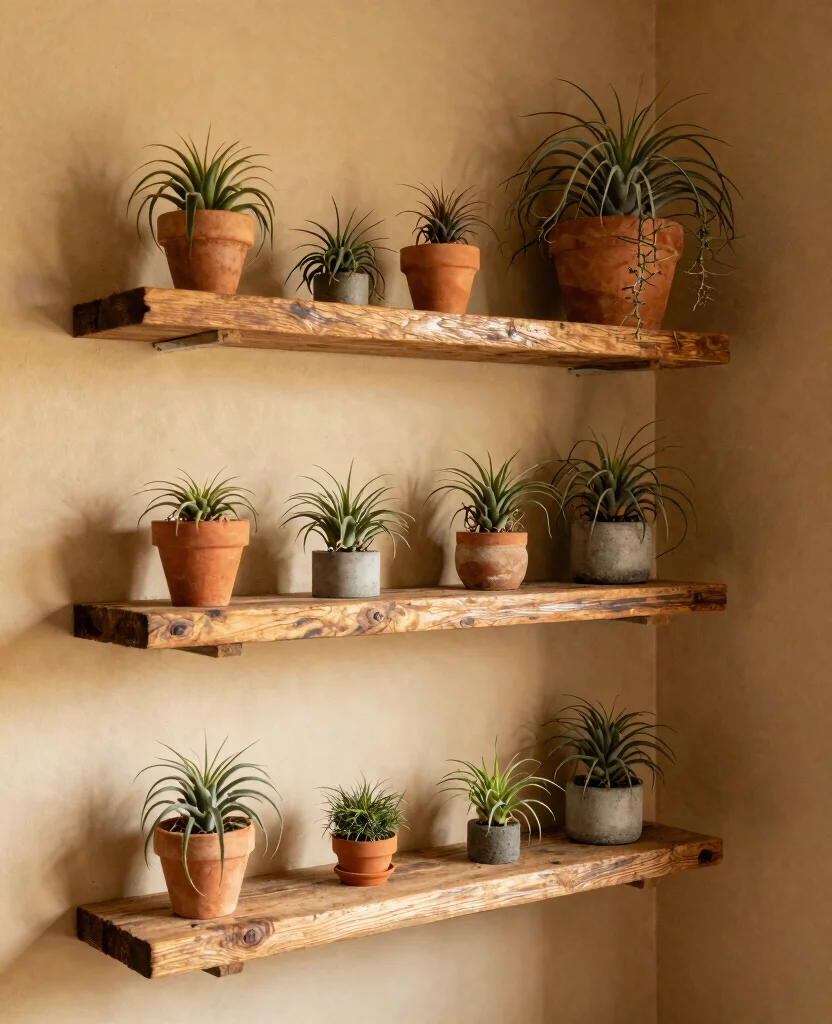 19 Air Plant Display Ideas Unique and Artistic Styles 2. Rustic Wooden Shelves 0