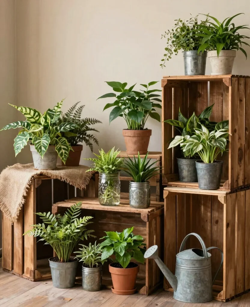 20 Creative Plant Display Indoor Setups for Art Lovers 16. Rustic Farmhouse Charm 0