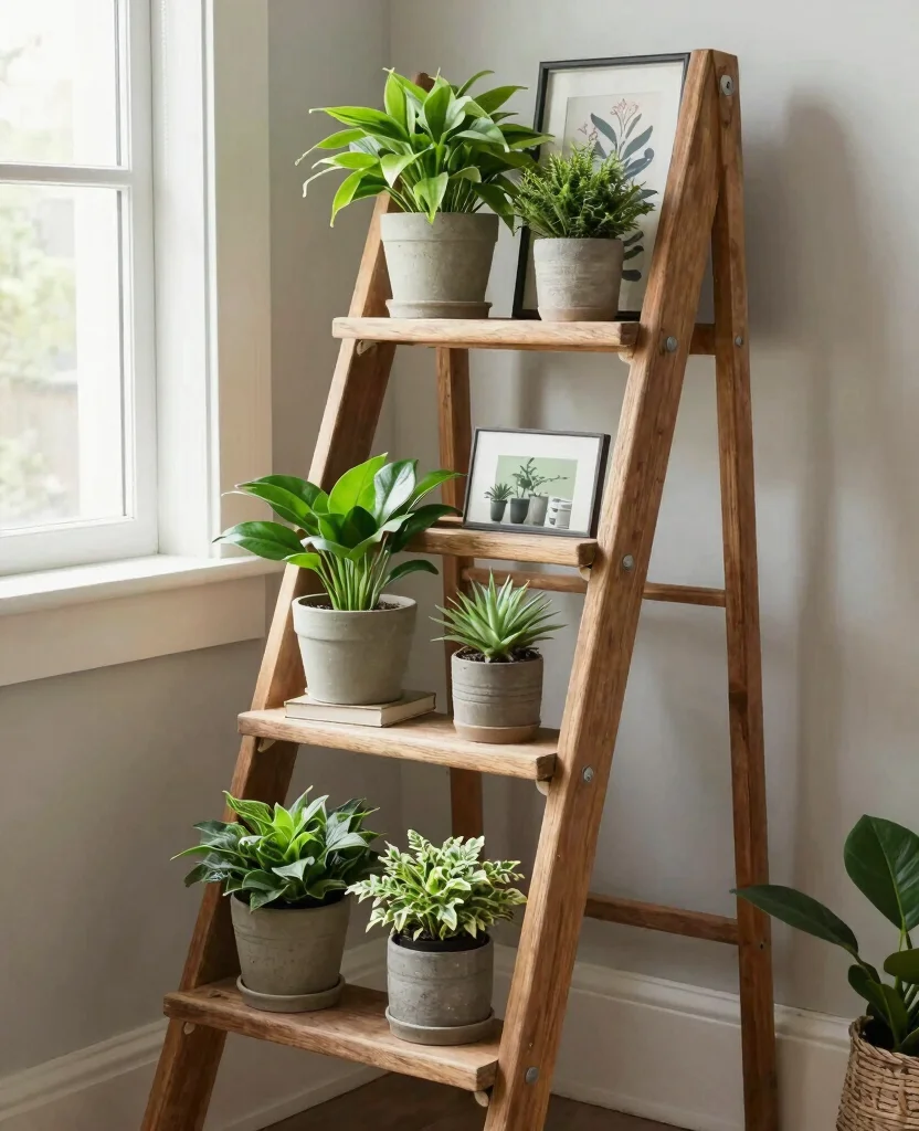 20 Creative Plant Display Indoor Setups for Art Lovers 8. Rustic Ladder Display 0